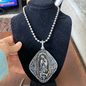 Silver our lady of Guadalupe (Mary) statement necklace sand casted with …